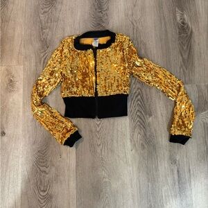 Balera Ultra Sparkle Gold Sequin Cropped Bomber Jacket. Size MC